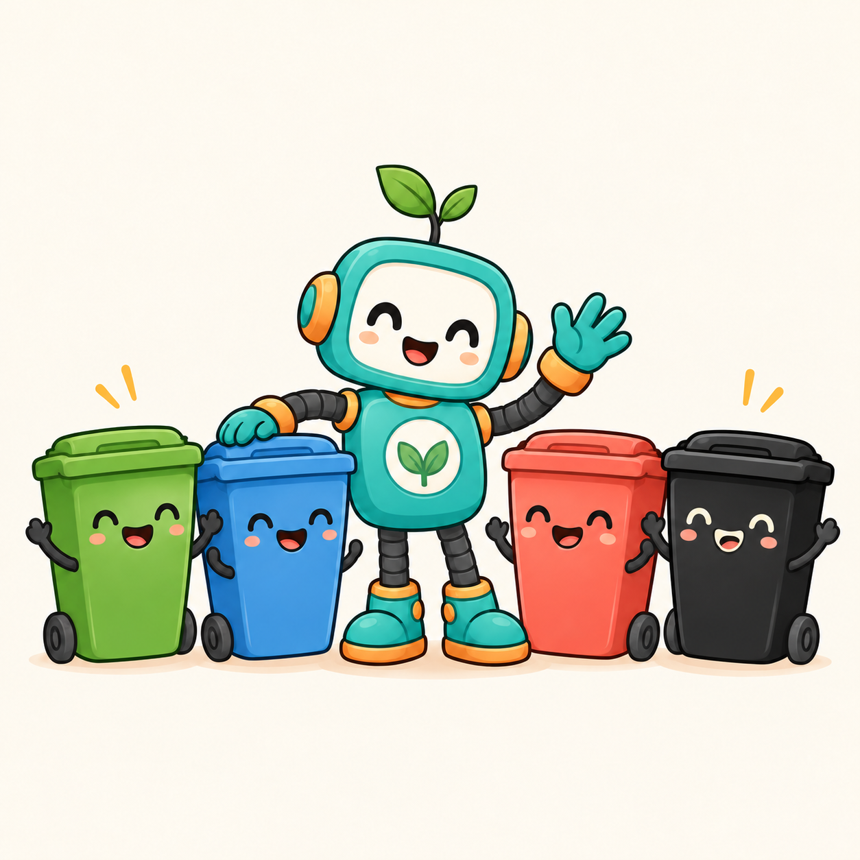 A friendly recycling robot with four colorful bins
